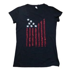 Black soft cotton V-neck T-shirt with rhinestone flag size XL